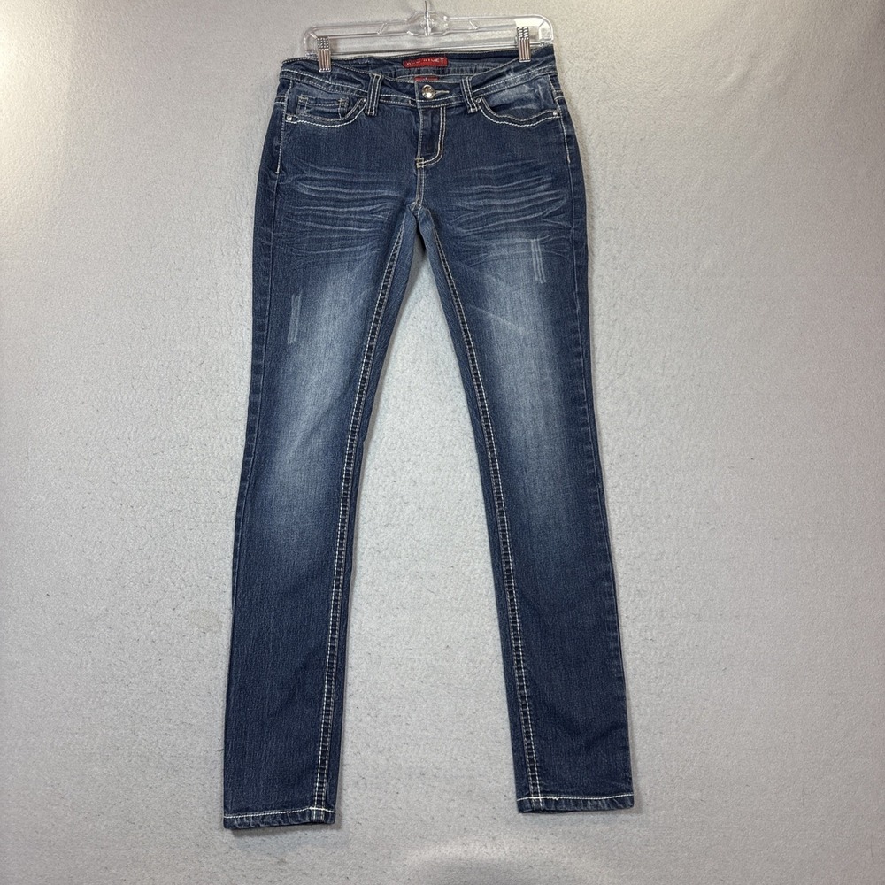 Red Rivet Women's Blue Distressed Skinny Jeans Whiskering Stretch Size 9
